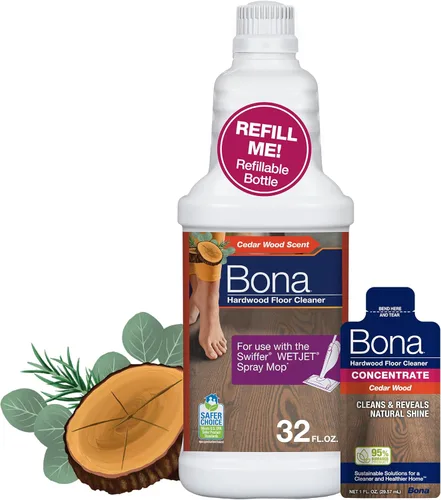 Bona Botella limpiadora de pisos de madera dura para usar con mopa de spray Swiffer WETJET, aroma a madera de cedro, rinde 64 onzas líquidas,