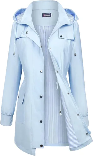 Bloggerlove - Chaqueta de lluvia para mujer, impermeable, ligera, resistente al agua y al viento, diseño a rayas, cortavientos con capucha, para uso