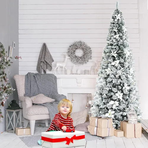 Vista 4 de COSTWAY Árbol de Navidad flocado de nieve de 8 pies con bayas y flores de Pascua