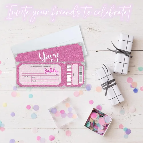 Vista 3 de Invitaciones de cumpleaños de 3 x 8 pulgadas – 20 tarjetas de invitación con purpurina rosa con 20 sobres – Boletos VIP estilo relleno de doble cara