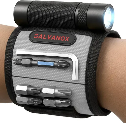 Pulsera magnética Galvanox con linterna LED - Pulsera de nylon para herramientas, tornillos y clavos con luz de trabajo ajustable - Gran regalo para