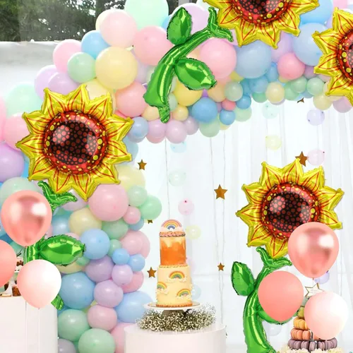 Vista 6 de Paquete de 12 globos de girasol de 36 pulgadas, kit de arco de globos de Mylar de girasol, guirnalda de globos de girasol de papel de aluminio