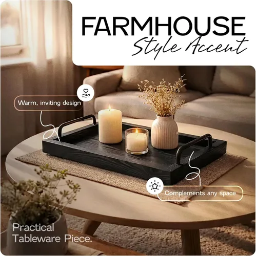 Vista 2 de Besti Bandejas rústicas vintage para servir comida (juego de 2) Tabla de madera anidable con asas de metal Elegantes bandejas de servir