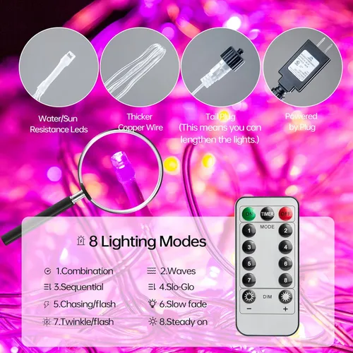 Vista 5 de 1216 luces LED de carámbano de Halloween moradas y naranjas, 99 pies de largo, luces de Navidad para decoración al aire libre, 8 modos, luces LED