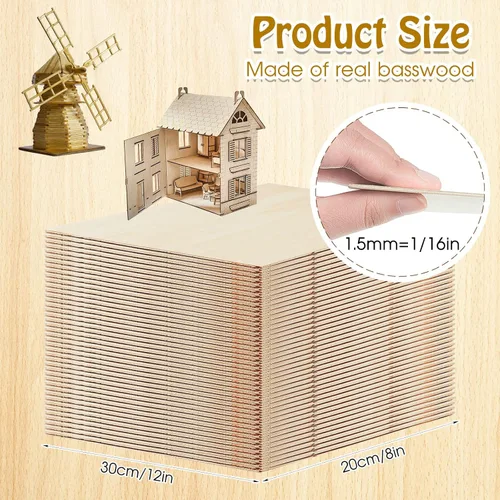 Vista 2 de Juexica 48 hojas de tilo, 12 x 8 x 1/16 pulgadas, hoja de madera contrachapada sin terminar para proyectos de bricolaje, modelos arquitectónicos
