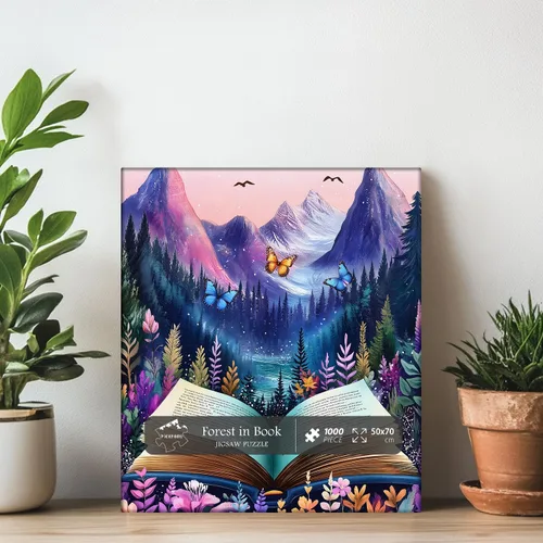Vista 3 de Rompecabezas de libros coloridos para adultos, 1000 piezas, PICKFORU Impossible Nature Mountain Forest Puzzle Butterfly Bird, tema único de plantas