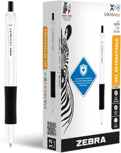 Zebra Pen Sarasa Dry X1+ Bolígrafo de gel retráctil, barril de plástico con revestimiento protector, punta media, 0.028 in, tinta negra, paquete de