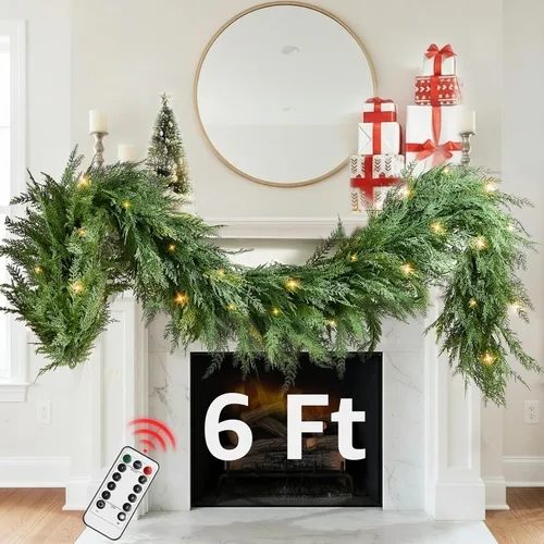 Vista 9 de Guirnalda de Navidad de Cedro con Luces para Repisa de Chimenea - Realista de Tacto Real 9 Pies Guirnaldas Artificiales de Pino Sintético