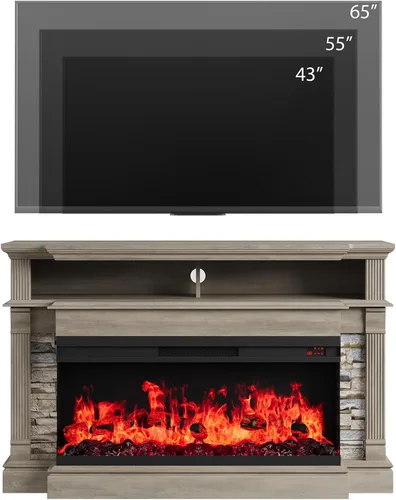 Vista 4 de QUW - Soporte de TV con chimenea para televisores de hasta 65", centro de entretenimiento con chimenea de 52" estilo rústico con chimenea eléctrica