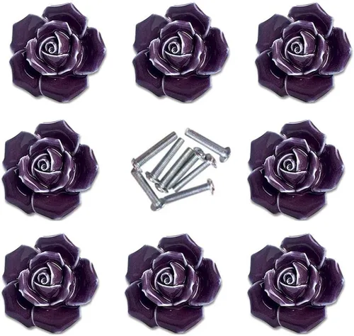 Vista 3 de DLD 8 PIEZAS Pomos de Puerta de Cerámica Negra Vintage Floral Rosa con Manija para Cajón de Cocina + Tornillo (Negro)