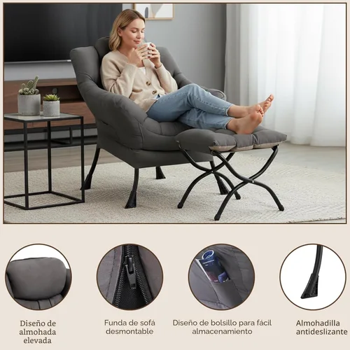 Vista 4 de Welnow - Silla perezosa con otomana, moderna silla de descanso con reposabrazos y bolsillo lateral, sillón de sofá tapizado de ocio, sillón de Gris