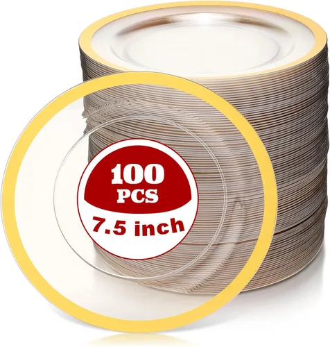 Vista 8 de Tanlade 100 platos de plástico negro transparente a granel de 7.5 pulgadas desechables de alta resistencia con borde rojo redondo ensalada postre