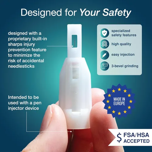 Vista 2 de DropSafe Agujas de pluma de seguridad 31G x 5mm, caja de 100 unidades, agujas estériles con sistema de bloqueo para máxima protección, escudo