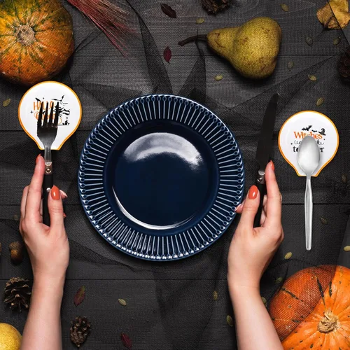 Vista 5 de Whaline Juego de 2 cucharas de café de bruja de Halloween, Hocus Pocus, calabaza, murciélago, soporte para cucharaditas de cerámica, platos de salsa