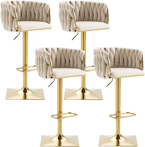 Vista 11 de Juego de 2 taburetes de bar giratorios de terciopelo, taburetes de bar ajustables y cómodos, silla de comedor moderna con respaldo tejido, taburetes