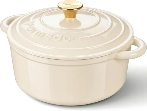 Parmedu Horno holandés de hierro fundido esmaltado de 5.5 cuartos de galón para hornear pan de masa madre, fácil limpieza, versátil para guisar,