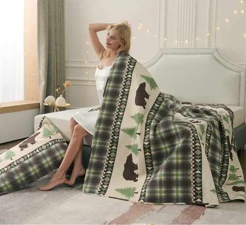 Vista 6 de Juego de edredón de tamaño Queen rústico a cuadros, ropa de cama de cabaña de campo con oso marrón, colcha ligera y reversible para el hogar con 2