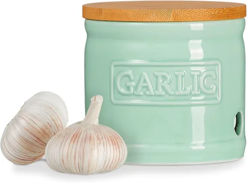 Vista 11 de ONEMORE Soporte de ajo con tapa, recipiente de ajo de cerámica de 4 pulgadas, azul claro