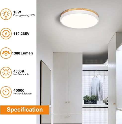 Vista 7 de Vikaey Moderna lámpara de techo LED de madera, simple lámpara de techo blanca empotrada, accesorios de iluminación de techo redondos