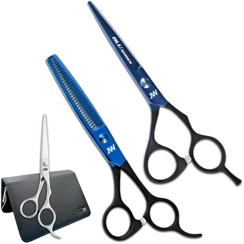 JW - Tijera de corte de pelo Blu a juego y diluyente, cizalla y estuche con compensación extra (5.75 pulgadas)