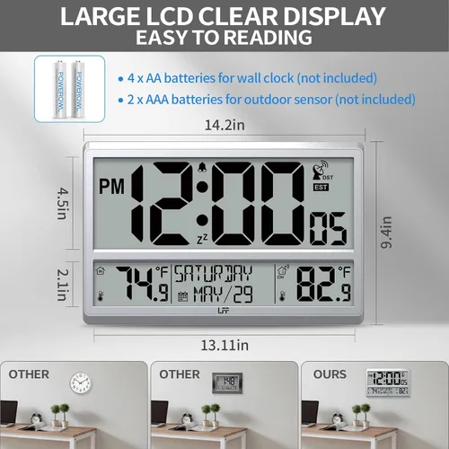 Vista 3 de Reloj atómico LFF de 4.5" con números, reloj de pared atómico que nunca necesita configuración, temperatura interior y exterior con sensor Negro