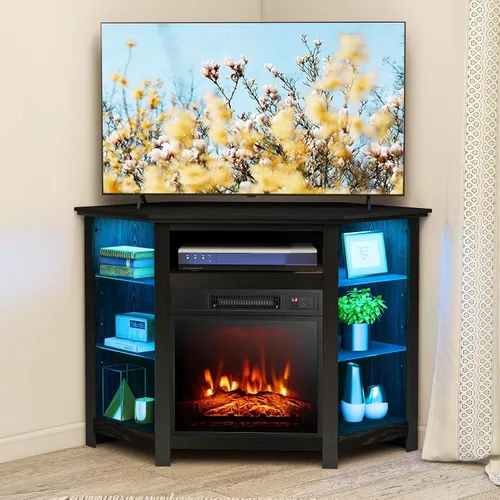 COSTWAY Soporte de TV de esquina con chimenea eléctrica con luces LED de 16 colores, 3 brillos, control remoto y aplicación, moderno centro de