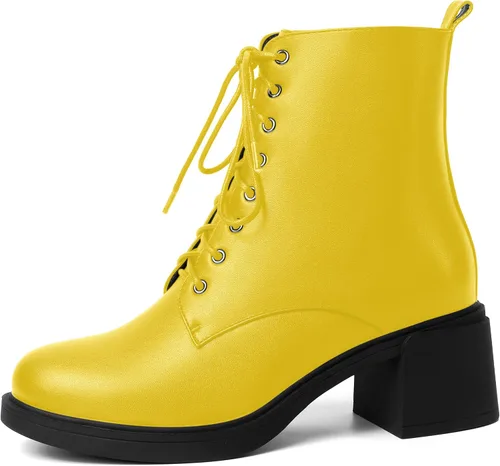 Vista 65 de ROSERWISH Botas altas de tacón bajo y grueso para mujer, con cordones, cómodas, modernas, con puntera redonda, de 2.5 pulgadas