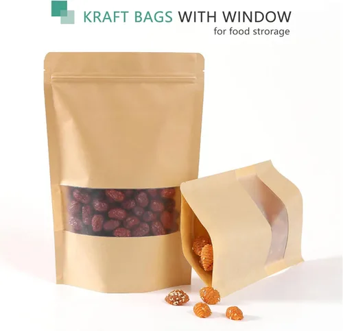 Vista 2 de 50 bolsas de papel kraft con ventana resellable de pie, bolsas con cierre de cremallera, bolsa de almacenamiento de alimentos a granel para pequeñas
