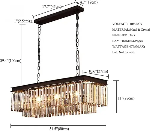 Vista 4 de Crytal Chandeliers - Lámpara colgante rectangular negra con cristal K9