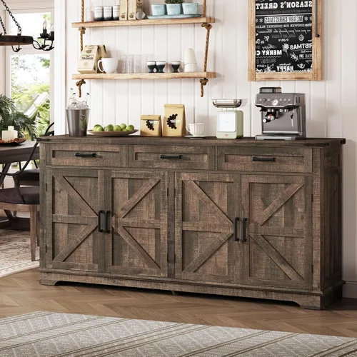 Vista 3 de usikey Gabinete Buffet, Aparador Buffet Grande de 63" con Almacenamiento y 3 Cajones, Barra de Café Estilo Granja con 4 Puertas, Mesa Buffet