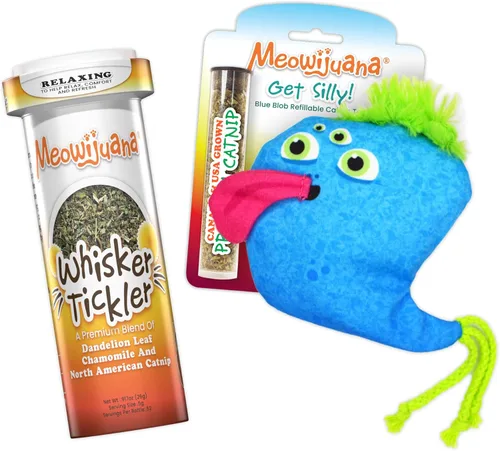 Meowijuana Paquete Blue Bob | Obtén un juguete de Bob azul recargable tonto y mezcla de hierba gatera Whisker Tickler | Promueve el juego y la salud