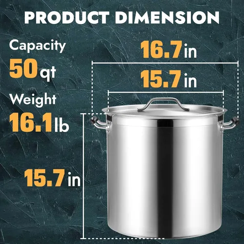 Vista 4 de CURTA Olla grande de 50 cuartos de galón con tapa, ancho inferior de 15.7 pulgadas, base revestida de 3 capas, acero inoxidable 18/8, lista NSF