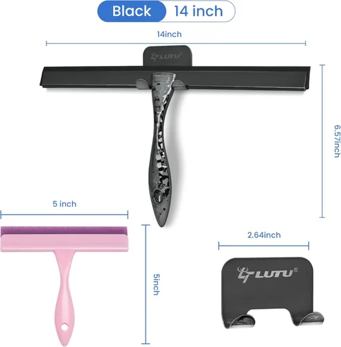 Vista 7 de Escobilla de ducha de silicona multiusos para puerta de cristal de ducha, con 2 ganchos y mini escobilla rosa, para vidrio de baño, automóvil, pared