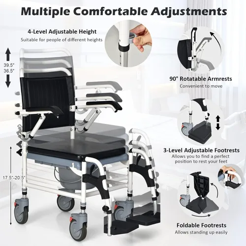 Vista 4 de Giantex Silla de ruedas 4 en 1 para inodoro con brazos, 4 ruedas bloqueables, cubo desmontable, altura ajustable y reposapiés abatible, silla