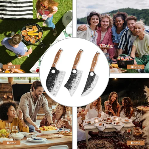 Vista 6 de Juego de cuchillos de carnicero de 3 piezas, forjado a mano, cuchillo vikingo, mango de madera, perfecto para el hogar, barbacoa, camping