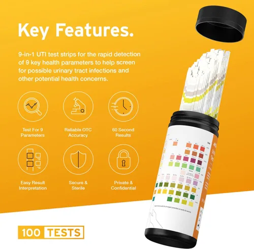 Vista 2 de 100 tiras reactivas AYDMED 9 en 1 para UTI Tiras reactivas de orina de 9 parámetros para leucocitos, nitrito, gravedad específica, pH, proteína