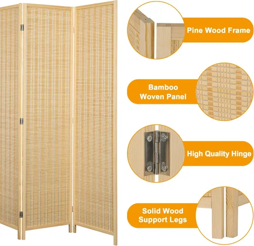 Vista 3 de Divisor de habitación de bambú, 4 paneles, pantallas de privacidad plegables para separación de habitaciones, divisor de habitación independiente