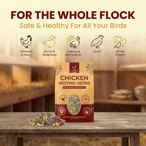 Vista 7 de Hierbas de anidación de pollo prémium de 21 onzas, hierbas de pollo 100% orgánicas para gallinas ponedoras, ambientador de ropa de cama Coop