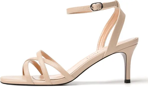 Vista 2 de MODENCOCO Sandalias de tacón medio con hebilla de tacón medio para mujer, con correa de tobillo mate, para boda, con hebilla y puntera abierta, 2.5