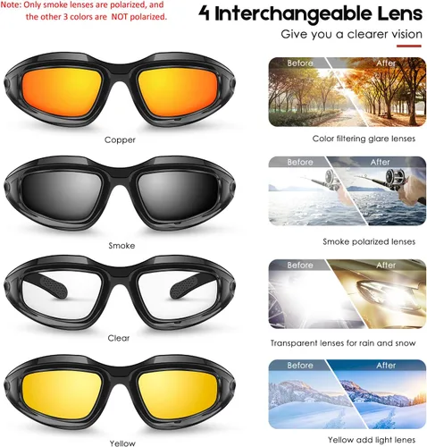 Vista 3 de BELINOUS Gafas polarizadas de motocicleta para hombre, con acolchado de espuma, resistentes al viento, antipolvo, con kit de 4 lentes