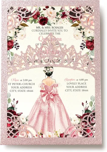 Vista 10 de 50 invitaciones de quinceañera con corona negra perlada cortada con láser Invitaciones de cumpleaños florales burdeos para Sweet 16/Miss XV