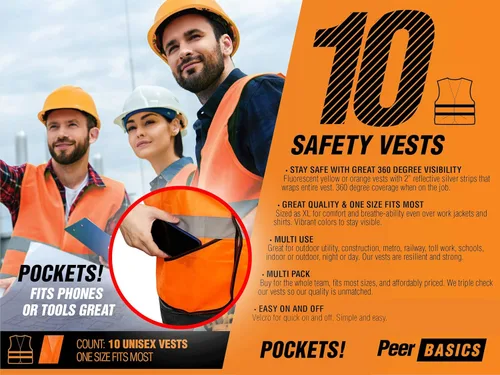 Vista 3 de PeerBasics Chaleco de seguridad de bolsillo Paquete a granel reflectante de alta visibilidad para hombres y mujeres
