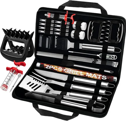 POLIGO 28 accesorios para asar en bolsa con inyector de carne, garras de barbacoa, esteras, termómetro para ahumador, juego de utensilios de Plateado