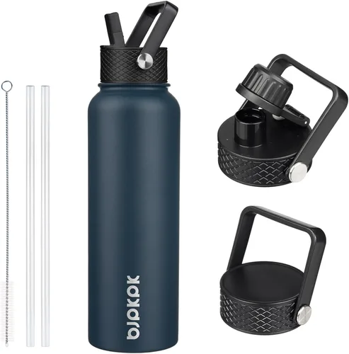 Vista 58 de BJPKPK - Botellas de agua aisladas con tapa con popote, botella grande de metal de 32 onzas con 3 tapas, termo reutilizable sin fugas y sin BPA