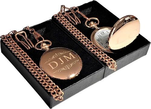 Vista 9 de Juego de reloj de bolsillo personalizado, oferta de boda y ocasión especial con cadena, caja y grabado.