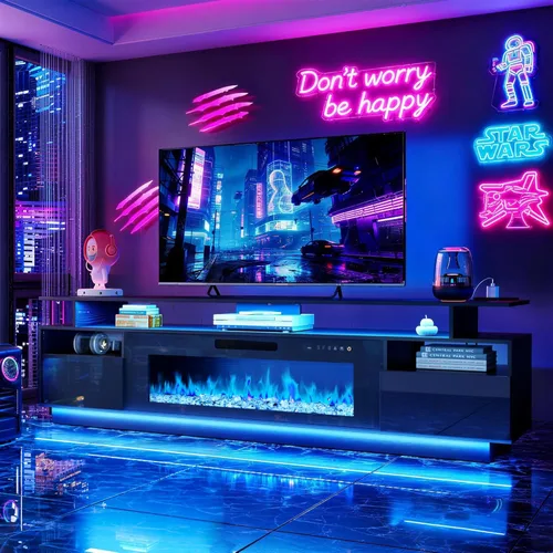 FJTJBSI Soporte de TV con chimenea de 70 pulgadas con chimenea eléctrica de 36 pulgadas, centro de entretenimiento con estación de carga y consola