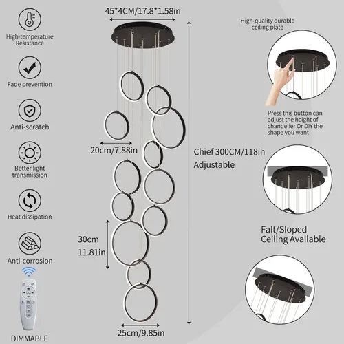 Vista 5 de Candelabro moderno LED moderno de techo alto grande con control remoto de 12 anillos, lámpara de araña negra de altura ajustable para escaleras
