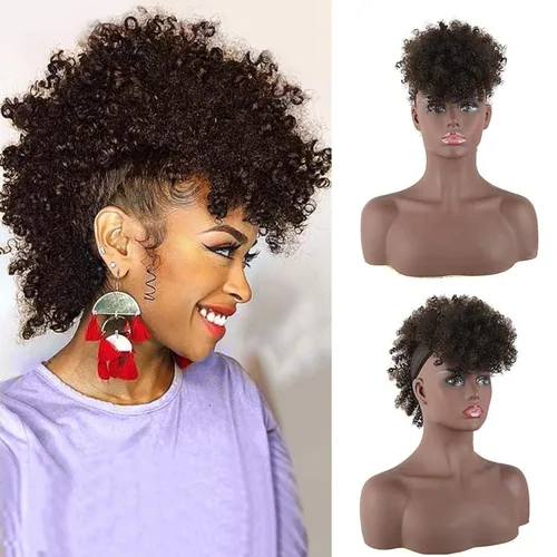 Vista 11 de CINHOO Jerry Curls Mohawk - Cola de caballo de pelo alto abombada, cordón con flequillo, sintético, fauxhawks afro alto, cola de caballo rizada
