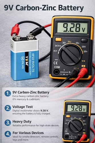 Vista 3 de YKM Paquete de 2 baterías de 9 V para detector de humo, alarma de humo, carbón y zinc, batería de 9 voltios