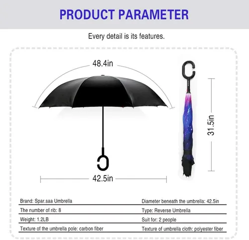 Vista 4 de SIEPASA - Paraguas invertido con mango en forma de C, resistente al viento y a los rayos UV, para mujeres y hombres.